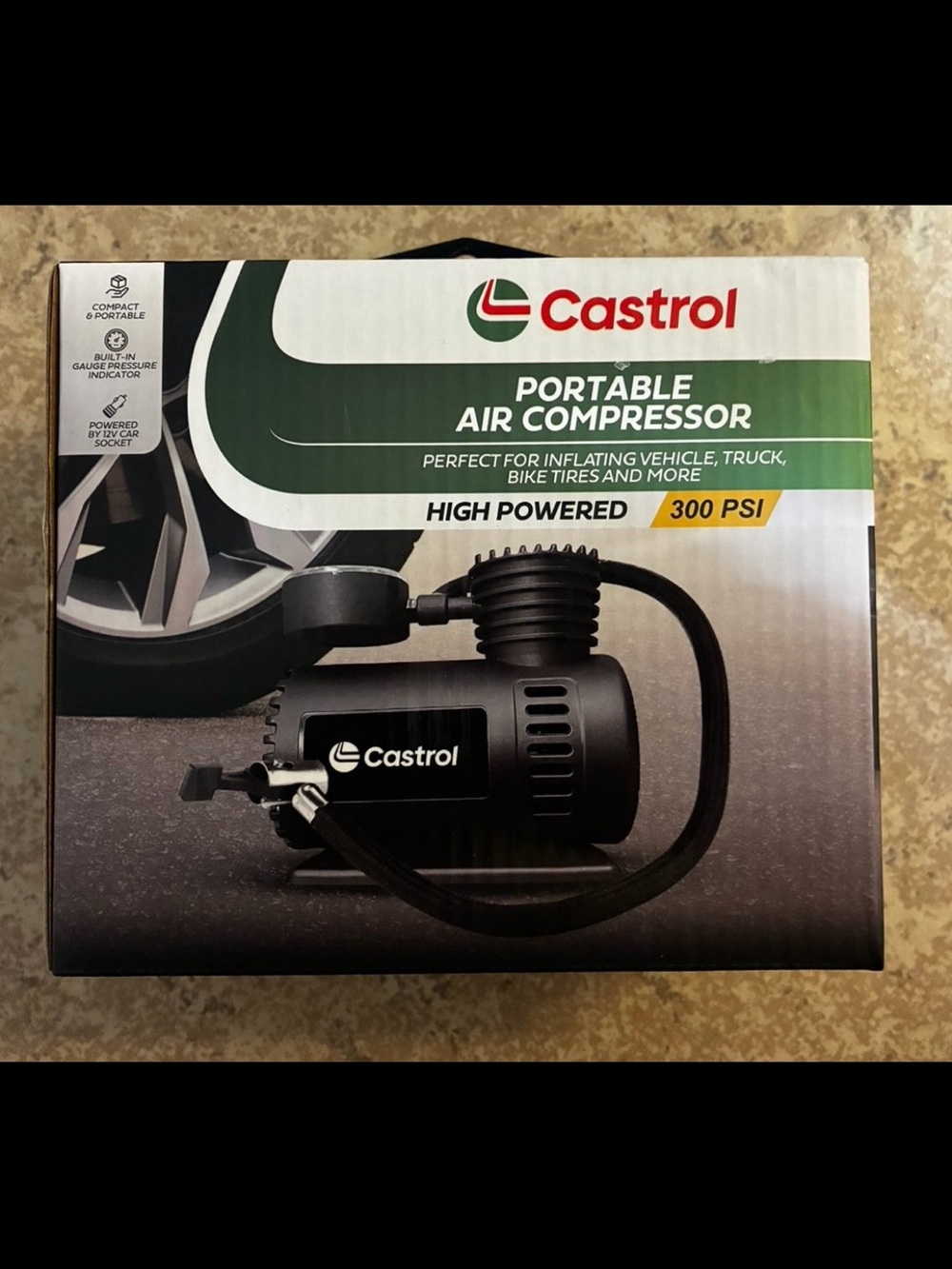 New! Castrol Portable Air Compressor (300 PSI), to plug into a 12V car socket.